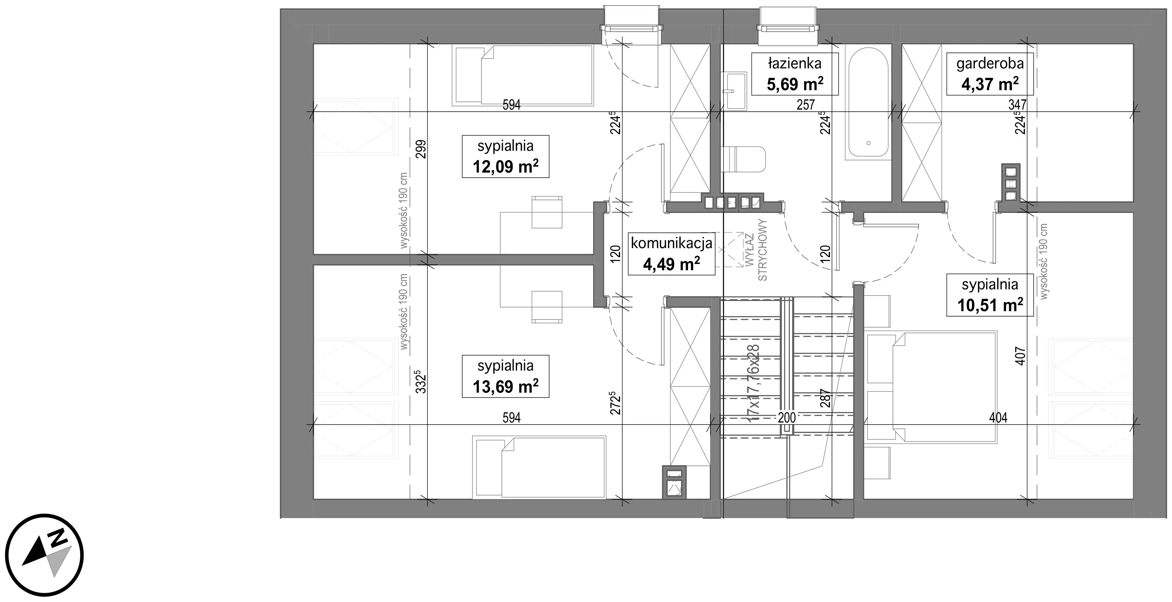 Plan piętra domu jednorodzinnego w inwestycji w Potrzanowie. Na planie zaznaczone są następujące pomieszczenia trzy sypialnie o powierzchniach 12,09 m², 13,69 m² i 10,51 m², łazienka o powierzchni 5,69 m², garderoba o powierzchni 4,37 m² oraz komunikacja o powierzchni 4,49 m². Plan ukazuje układ pomieszczeń oraz ich rozmieszczenie względem klatki schodowej. Wszystkie pokoje są funkcjonalnie zaprojektowane, zapewniając wygodne użytkowanie.